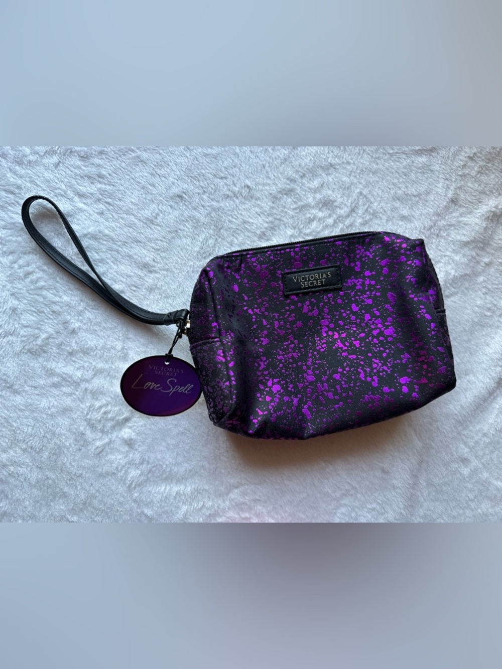 Victoria's Secret Black with Purple Splatter Wristlet Cosmetic Pouch